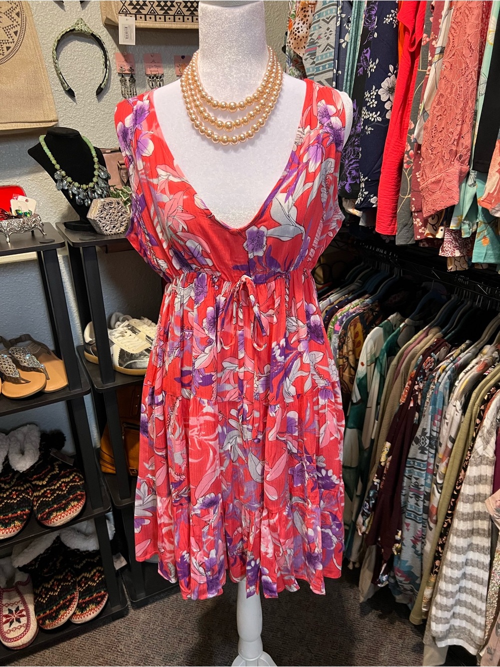 Sacred Threads Red & Purple Floral V-Neck Mini Dress